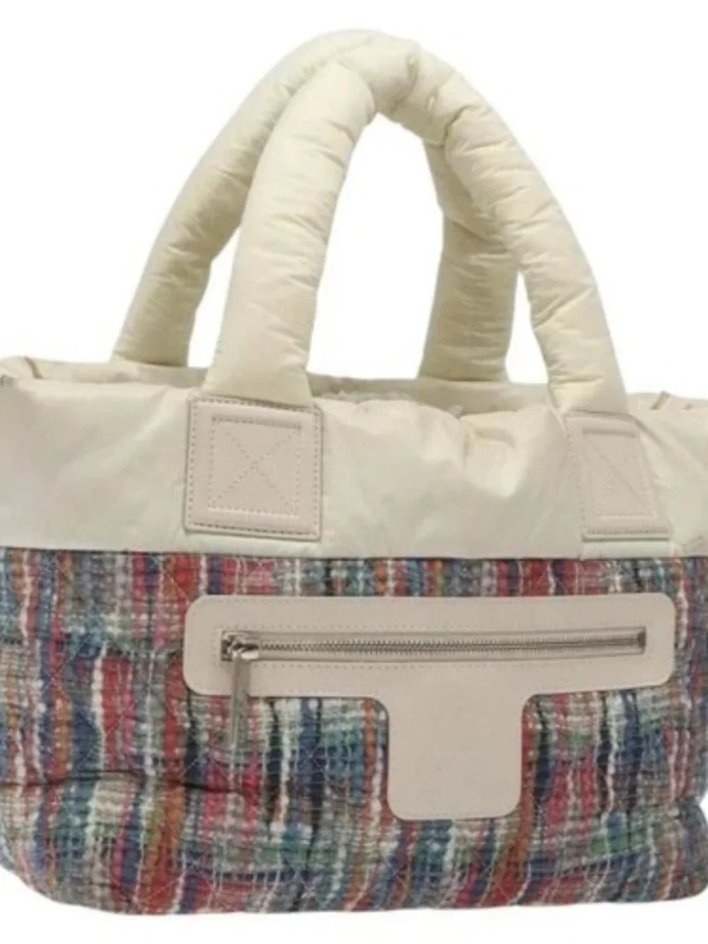 CHANEL Coco Cocoon PM Hand Bag Nylon White Multicolor Silver CC Auth bs25111